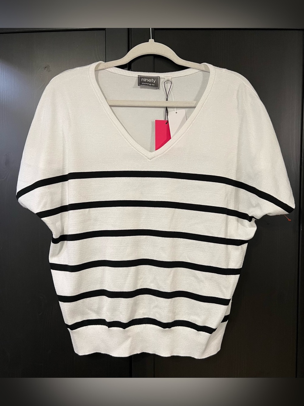 Ninety White V-Neck Short Sleeve Knit Top with Black Stripes